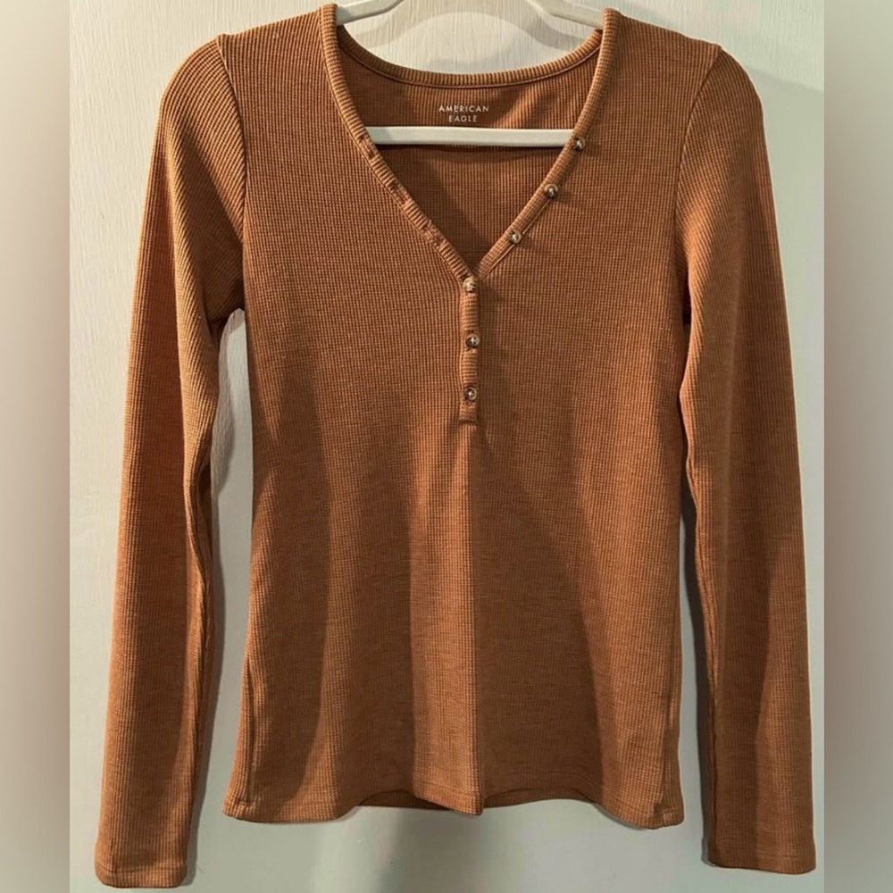 American Eagle Outfitters Women's Brown Buttoned Long Sleeve Top Size M